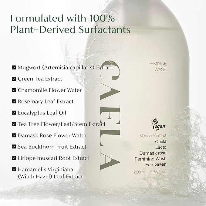 CAELA Feminine Wash Gel Fairgreen, pH-Balanced Intimate Cleanser for Women, Triple Lactobacillus Ferment Complex, Vegan K-Beauty with Green Tea & Mugwort, Sulfate-Free, 6.76 Fl Oz