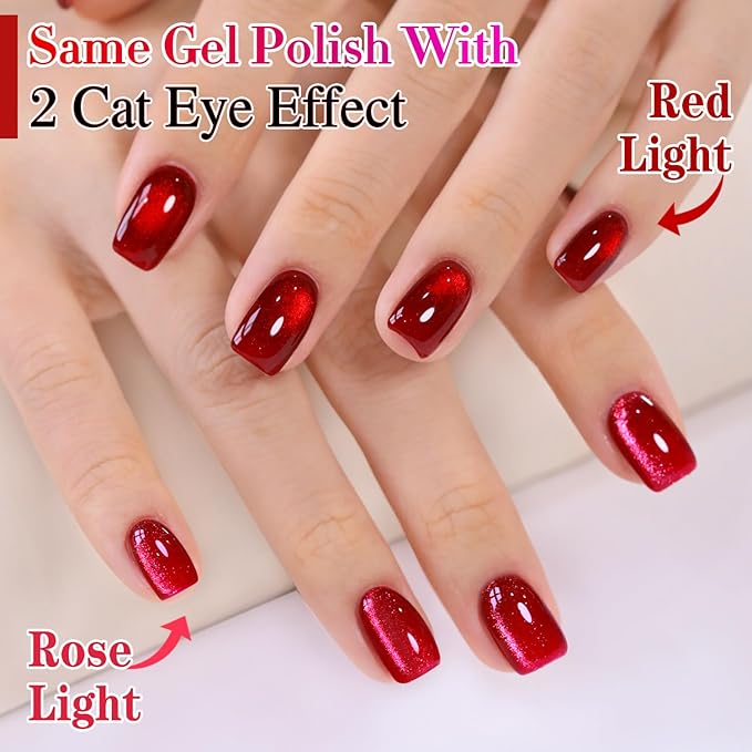 Double Rhythm 15ML Ice Glass Cat Eye Gel Polish with Magnet Holographic Glitter Shimmer Translucent Sheer Color Salon Soak Off Magnetic Nail at Home (Dark Cherry-MC1295)
