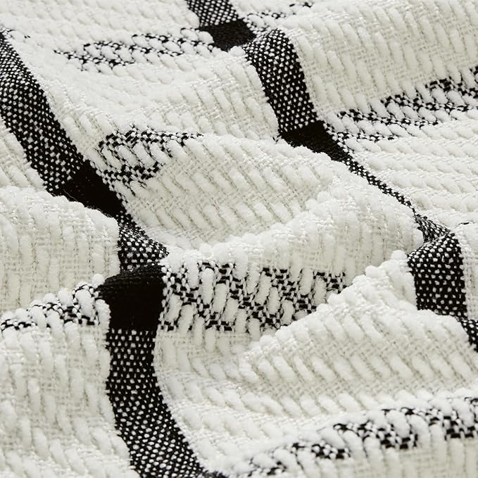 CREVENT 50"X60" Farmhouse Breathable Soft and Warm Chenille Plaid Throw Blanket for Sofa Couch Bed, Home Decoration Throw with Tassles (Black & White)