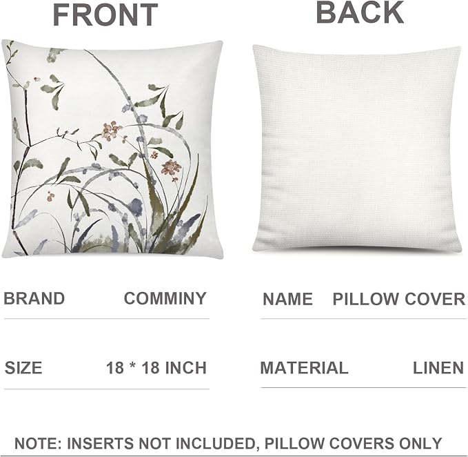 Sage Green Throw Pillow Covers 18x18 Set of 6, Botanical Floral Home Decor | spring summer floral bloom, Standard Throw Pillow Size, Breathable Linen, Neutral flower, Couch Sofa Living Room, home decor
