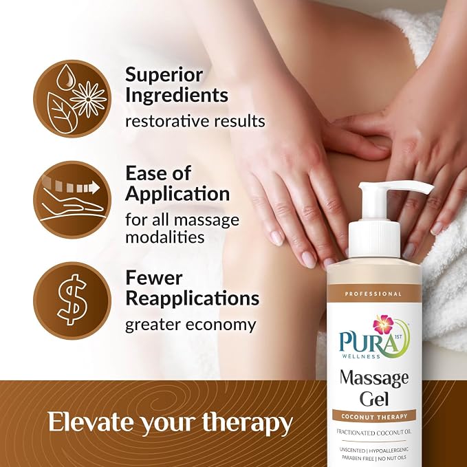 Coconut Therapy 8 Fl oz Massage Gel, Coconut Oil, Professional, Massage Therapy, Deep Tissue, Unscented, Natural Ingredients, Skin Hydrating, Moisturizing, Muscle Relief, for Bruising