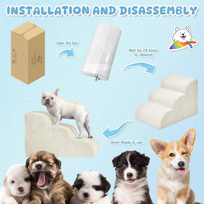 Mesa Lemon 3 Step Dog Stairs Pet Ramp for High Beds, Sofas and Cars | High Density Foam, Non-Slip Bottom, Removable Washable Cover, Portable Handle, Holds Up to 50 lbs, 16 Inch Height