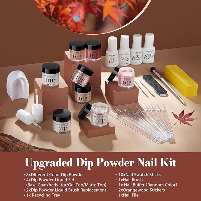 AZUREBEAUTY 30Pcs Dip Powder Nail Kit Starter with Nail Sticks, 8 Colors Fall Winter Nude Brown Glitter, Dipping Powder Liquid Set with Matte/Base/Top Coat Activator for French Manicure Salon