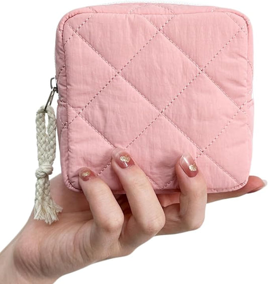 Small Makeup Bag | Discreet Period Bag Pad Pouch for Purse| Sanitary Napkin Storage & Tampon Holder for Travel (Quilted light pink)