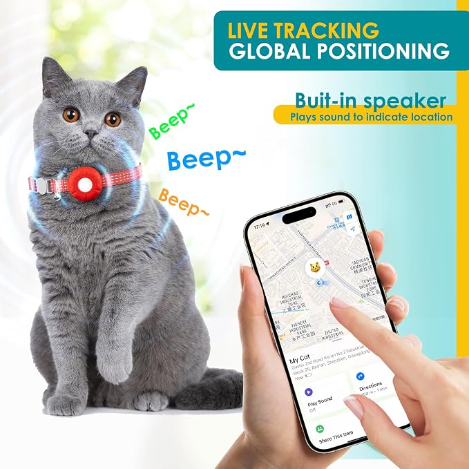 Cat GPS Tracker for Cats, Cat GPS Tracker Collar with Safety Elastic Buckle, Compatible with Apple Find My App (Only iOS), No Monthly Fee, Red