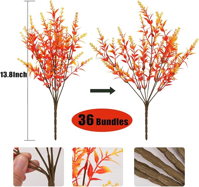 RECUTMS Fake Fall Flowers for Decoration Artificial Flower Lavender Outdoor | 36Pcs,Gold UV Resistant Fake Fall Shrubs Greenery Plants Indoor Plastic Faux Bouquet for Outdoor Home Garden Porch Decoration