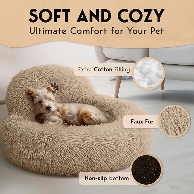 PetJett Calming Dog Beds for Small Dogs – 23" Donut Dog Beds, Anti-Slip & Washable Puppy Bed - Fluffy Plush Faux Fur Pet Bed, Anti-Anxiety Premium Comfort Round Pillow, Fits Dogs up to 25 lbs – Beige