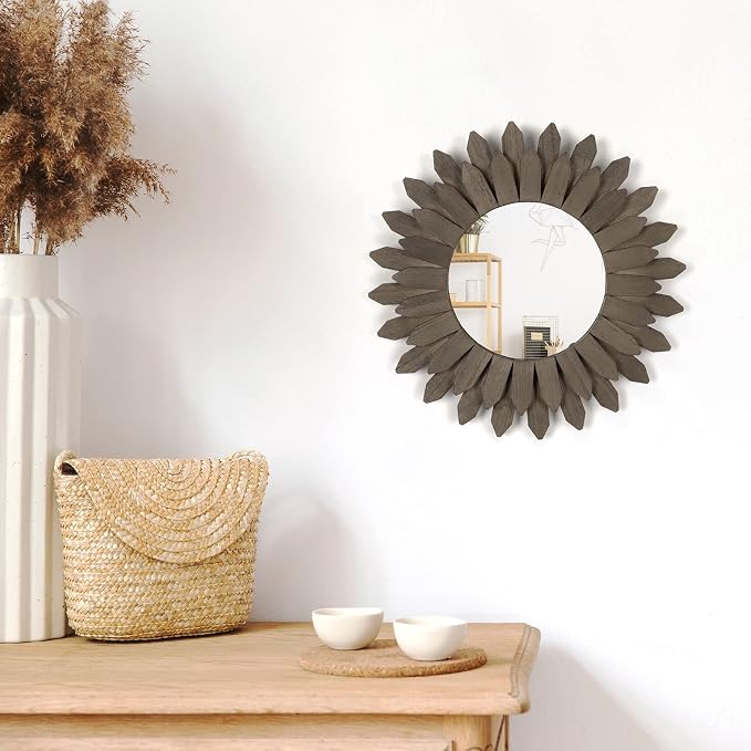 Farmhouse Wall Decor Mirror 12 inch Sunburst Boho Wood Mirror Rustic Home Decor Room Decoration for Bedroom Living Room Weathered Grey