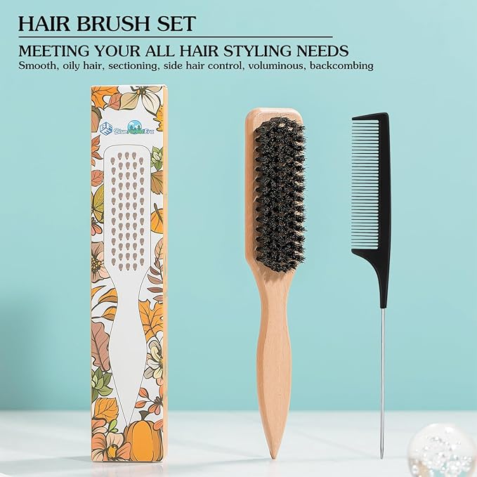 BlueForest Era Boar Bristle Slick Back Hair Brush Set, Wooden Styling Edge Control Brush for Sleek Ponytails Buns Updos, Teasing Hair Brush and Stainless Steel Tail Comb Suitable for All Styling