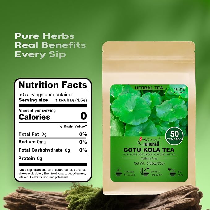 FullChea - Gotu Kola Tea Bags, 50 Count, Dried Gotu Kola Leaves | Natural centella asiatica herbal tea, non-GMO, caffeine-free, smooth mild flavor for calm daily tea moments