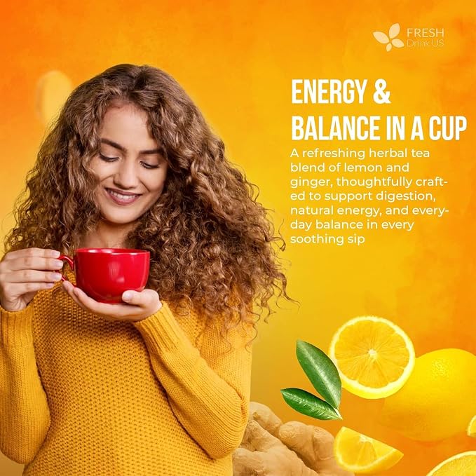 FreshDrinkUS, Premium 150 Lemon Ginger Tea Bags, 100% Natural Ingredients, Hand-made Blend of Lemon and Ginger, Eco-conscious Tea Bags. No Sugar, No Caffeine, Vegan.
