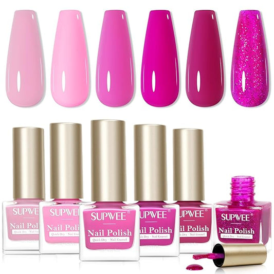 Hot Pink Nail Polish Set, Quick Dry Spring Summer Regular Nail Polish Neon Pink Glitter Fingernail Polish Natural Neutral Nail Lacquer High Glossy Nail Manicure DIY Salon Gift for Women Girl