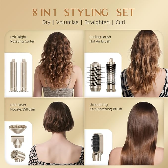 DORISILK 8 in 1 Hair Styler & Hair Dryer Brush Blow Dryer, 110,000 RPM High-Speed Hot Brush Styler, Ionic Smooth Cepillo Secador de Cabello Multi Straightener Curler Volumizer Dryer, Champagne Gold