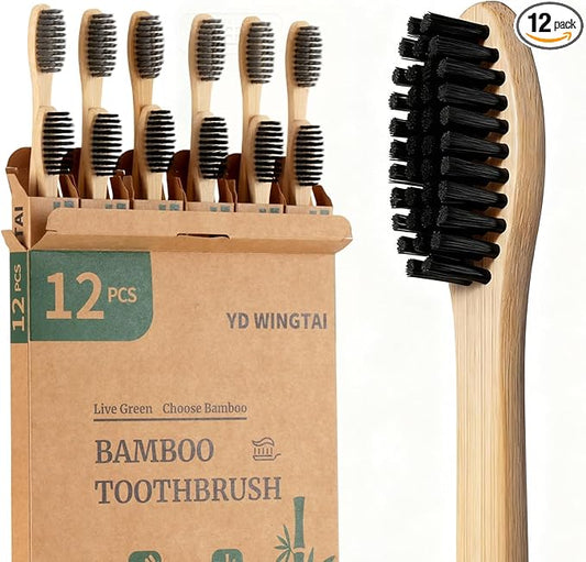 YD WINGTAI Bamboo Toothbrush Biodegradable WoodenToothbrushes 12pack Natural Travel Size Organic Charcoal Tooth Brush