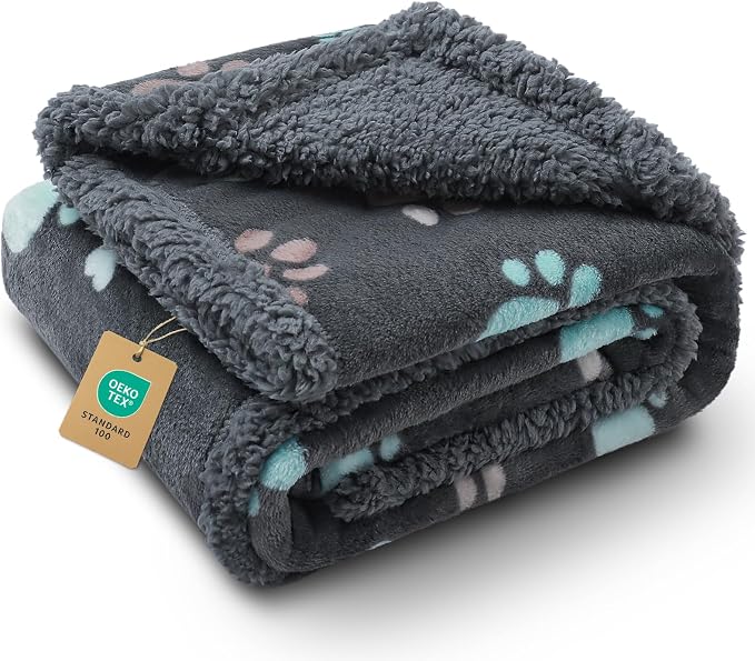 Luciphia Waterproof Dog Blanket Reversible Sherpa Fleece for Small Dogs Cat | Soft Print Pet Blanket Washable Pee Proof, Furniture Protector for Couch Sofa Bed Car, Cozy Throw (40" x 28", Grey Paw)