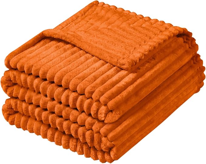 Vessia Flannel Fleece Queen Size Blanket for Bed,Couch,Sofa(90x90 inch), 300GSM Microfiber Burnt Orange Striped Bed Blanket for Adults, Super Soft Warm Cozy Lightweight Ribbed Decor for All-Season