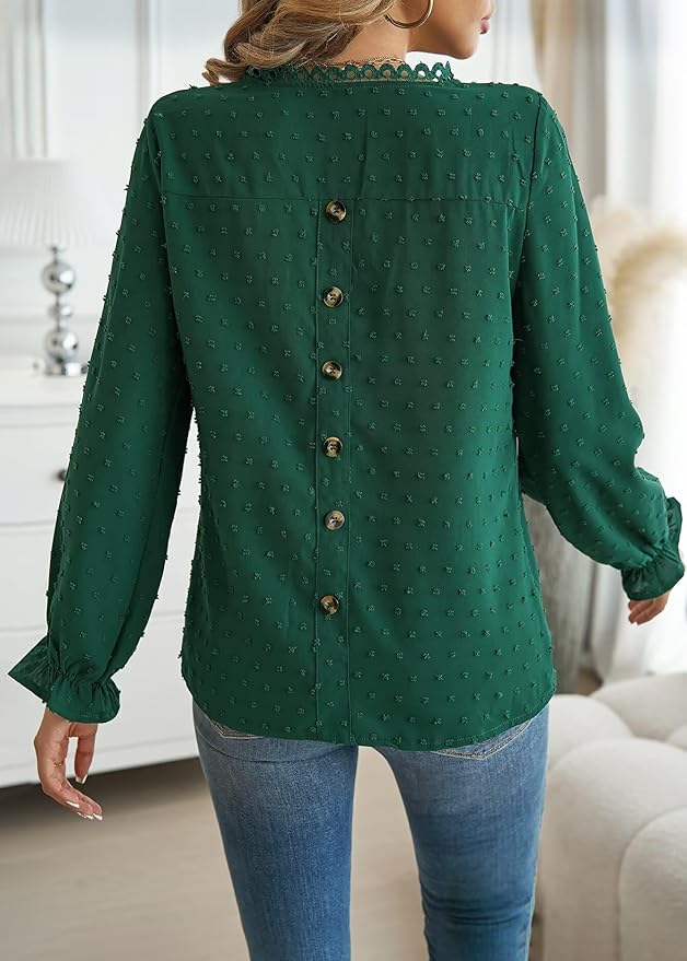 Womens Boho Tops Long Sleeve Shirts For Women Cute Crewneck Blouse Dressy Casual Swiss Dot Crochet Hollow Top 2026