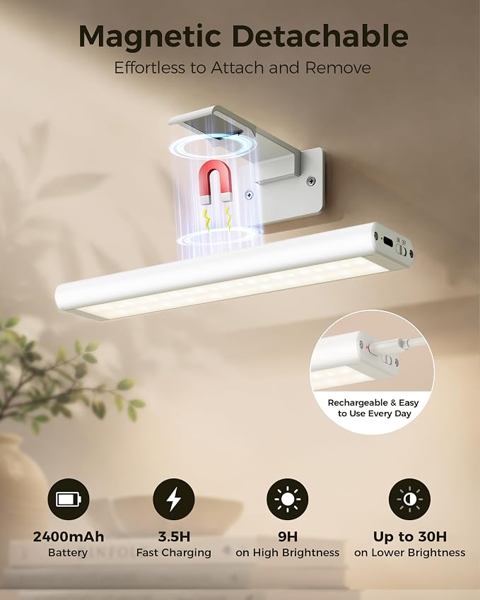 EZVALO Picture Light for Wall, Rechargeable 2400mAh Lights Wireless with IR Remote, 3 Color & Dimmable Magnetic 7.87'' LED Lights Display for Painting, Living Room, Gallery, Bedroom Art(White-2P)
