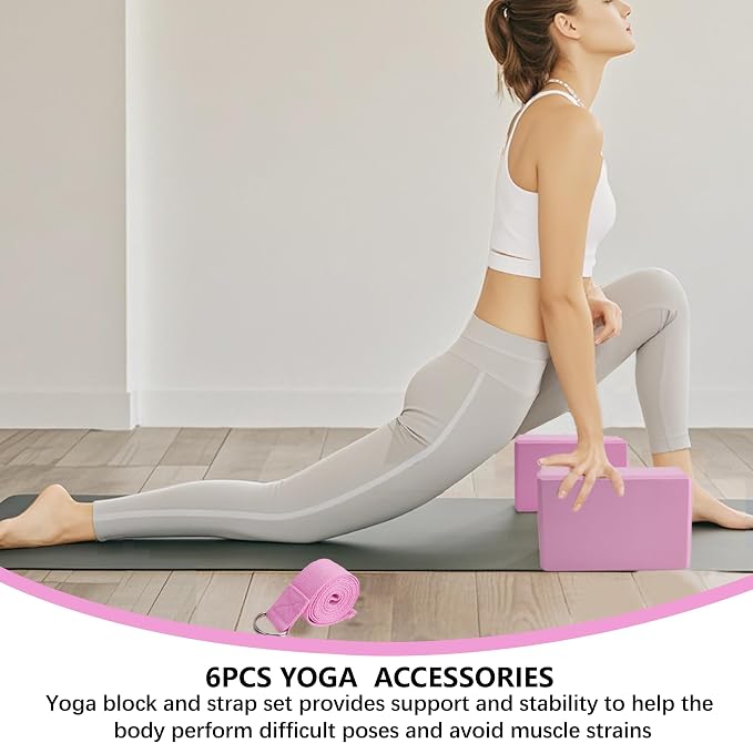 MAOMUN 6 Yoga Blocks 2 Pack with Yoga Strap and Beveled Edges, Anti-Slip Pilates Block Set Yoga Brick, Soft Lightweight Pilates Accessories for Balance Stability Stretching Pilates