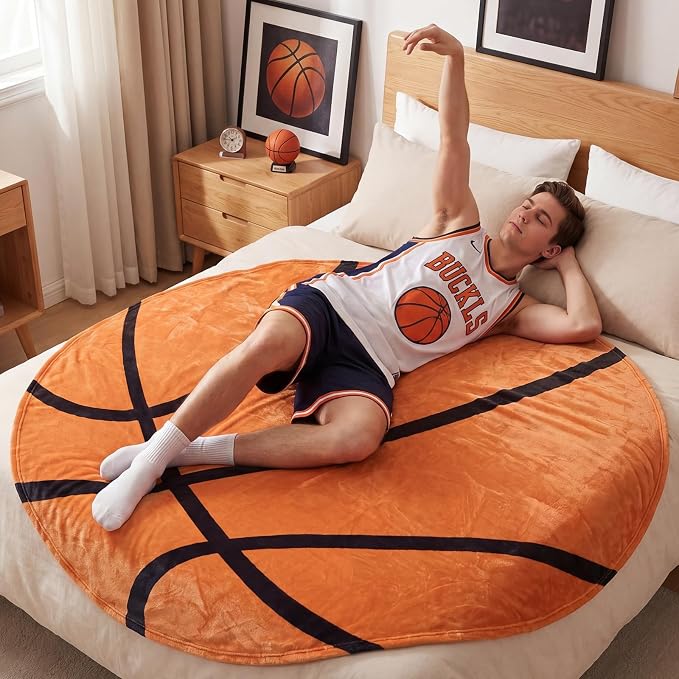 SeaRoomy Sports Balls Blanket, Novelty Funny Basketball Blanket, 60 in | Round Basketball Throw for Adults, Teens & Kids, White Elephant Gag Gifts for Sports Fans, Christmas & Birthday Presents