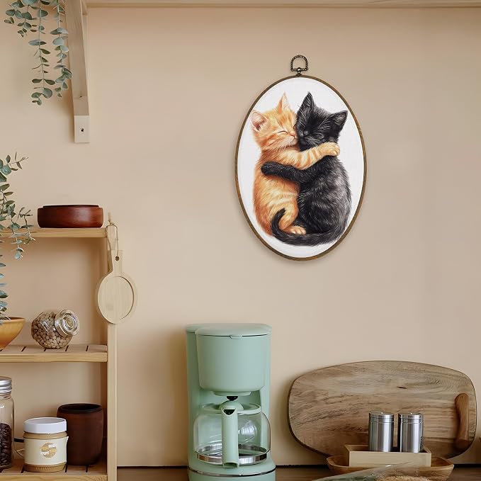 LKETW Orange and Black Cat Oval Wall Art Decor, Cute Tabby Cat Hugging Oval Canvas Hanging Decor, Kitten Wall Decorations for Home Bedroom Living Room Bathroom Office, 8.6x11.4 Inch