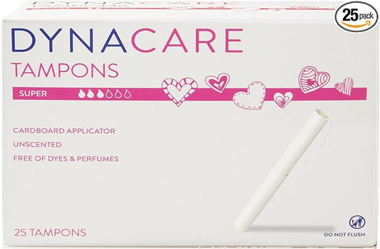 Dynarex Super Tampons – Feminine Hygiene Product with Cardboard Applicator – 7-Hour Protection – 1 Box of 25 Tampons