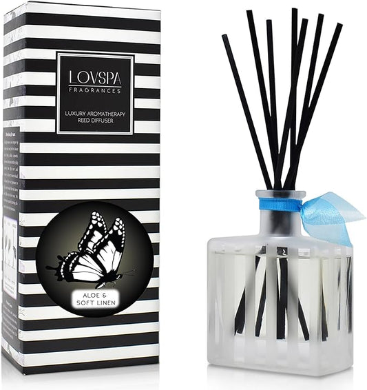 Reed Diffuser Set, Aloe & Soft Linen Scented Oil Diffuser with Sticks, Home Fragrance Accessories for Bathroom Shelf Decor, Aroma Diffusers for Home or Office Desk, USA Made