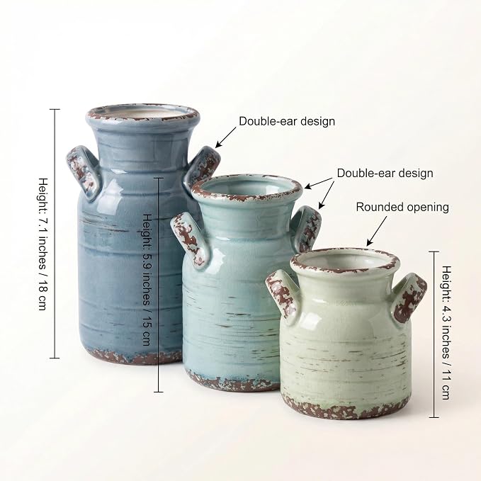 Ceramic Vase Set of 3 with Two Handles, Blue Neutral Rustic Modern Farmhouse Boho Decor, Versatile as Table Centerpiece or Mantel & Shelf Accent - Unique Home Gift Idea