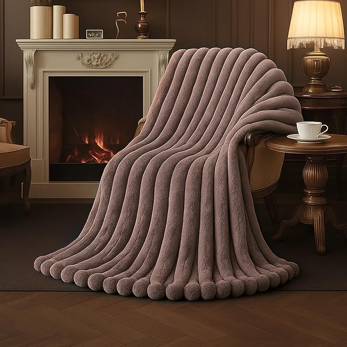 Faux Fur Throw Blanket for Couch, Cozy Fuzzy Fluffy Fur Luxurious Soft Striped Plush Gift Blankets for Family Sofa Chair Bedroom, 55"x70", Light Coffee