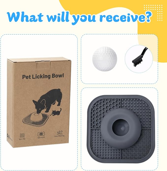 Slow Feeder Dog Bowls & Lick Mat for Liquid and Thick Treat, Anti-Slip Dog Lick Bowl with Interactive Rolling Ball, 5/6 Cup Pup Licking Toy for Large Medium Small Dogs and Cats Gray