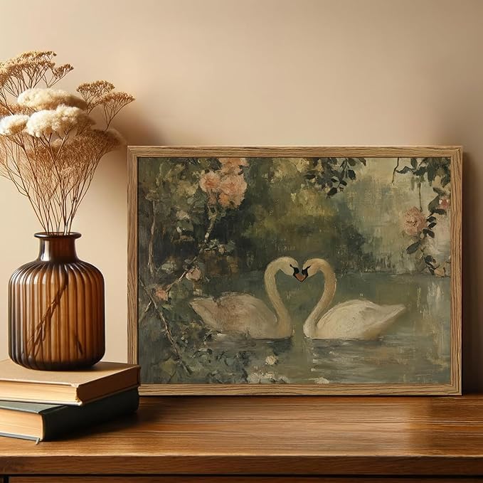 Framed Vintage Swan wall art, Rustic Romantic White Swan Pictures Wall Decor, Cottagecore Farmhouse Animal Paintings Canvas Prints Aesthetic Home Decor for Living Room Bedroom Bathroom 16x24inch