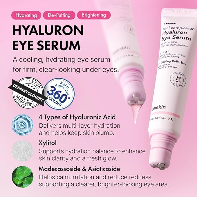 Hanskin Hyaluron Eye Serum – Korean Hydrating Eye Care | 4 Types of Hyaluronic Acid & Cooling Metal Applicator | De-Puffing, Smoothing & Brightening for Tired, Dry Skin | 0.85 fl oz