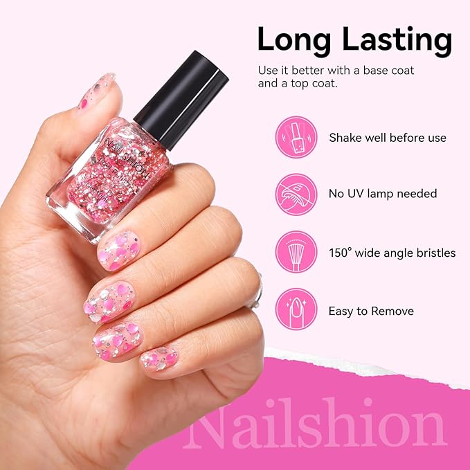 Nail Polish Hot Pink Hearts Confetti Regular Nail Polish, Quick Air Dry, Non-gel, Rich in Castor Oil, Vegan Cruelty-free Sparkle Nail Art DIY Home Travel Manicure Gift for Women Girls