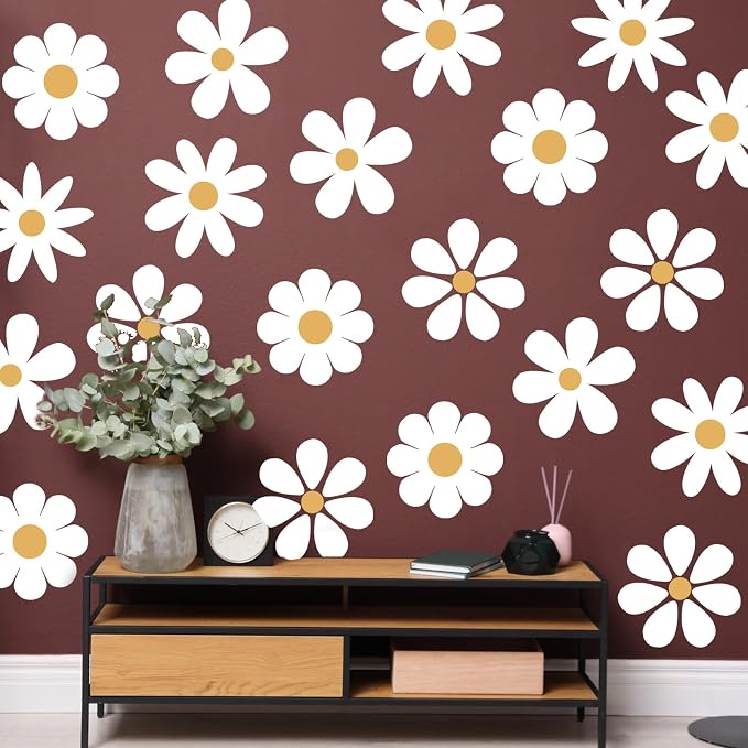 TaoBary 12 Sheet Daisy Wall Sticker Decal,White, Yellow,Novelty Style | Big Flower Wall Sticker, Pink White Floral Decal, Daisy Bedroom Room Decor, Removable Peel and Stick, Nursery Home Wall Decor