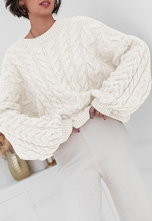 PRETTYGARDEN Womens Sweaters Spring 2026 Cable Knit Long Sleeve Crewneck Oversized Sweater Chunky Pullover Loose Outfits