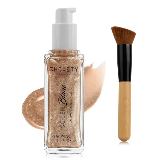 Shimmer Body Oil with Vitamin E, Body Glow Oil for Women, Long Lasting Waterproof & Moisturize for All Skin, Liquid Highlighter Makeup with Brush, Travel Size for Date, Wedding, Party, Rose Gold
