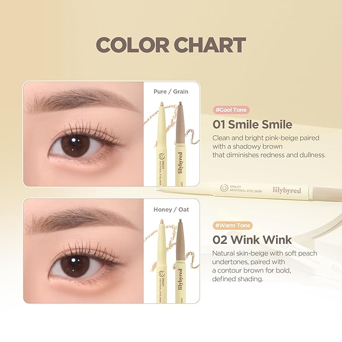 lilybyred Smiley Aegyosal Eyeliner | Korean Aegyosal Highlighter & Contour Pencil, 3-in-1 Multi-Use for Under-Eye, Brows & Lips, 3mm Round & 2mm Flat Tips, Air-Fit Formula, 0.011 oz. (01 Smile Smile)