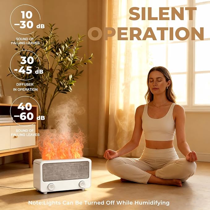 Fireplace Flame Aromatherapy Diffuser with Bluetooth Speaker, Essential Oil Diffuser for Home Bedroom, Ultrasonic Cool Mist Humidifier 7 Colors LED Light Auto-Off Protection Home Bedroom Office Yoga