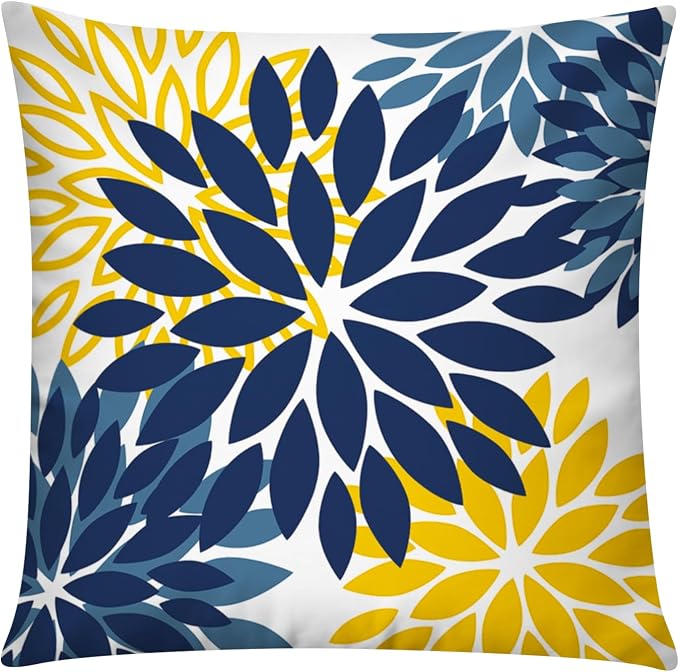 Navy Yellow Linen Throw Pillow Covers 18x18 Set of 6, Daisy Floral Decor | decorative daisy dahlia, Botanical floral, Standard Throw Pillow Size, Breathable Linen, Spring Couch Sofa Living Room