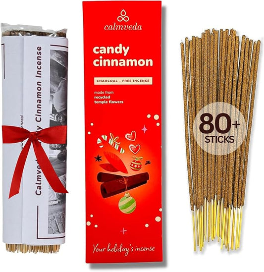 Christmas Candy Cinnamon Incense Stick - (80 Sticks) Spicy, Creamy Vanilla and Flavorful Tangerine | Charcoal Free, Made from Upcycled Flowers | Fall Incense Sticks for Holiday Fun