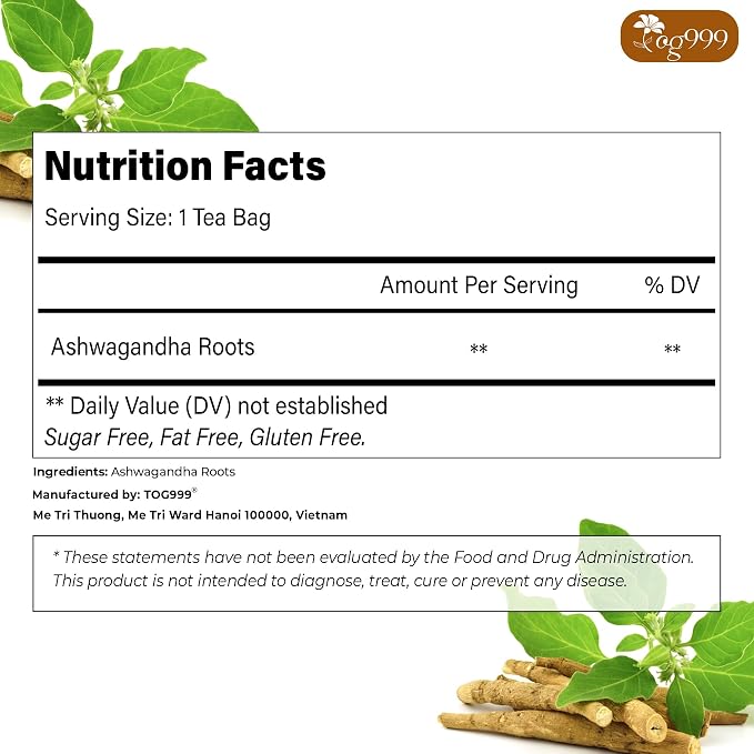 TOG999, Premium 120 Ashwagandha Root Tea Bags, 100% Natural & Pure, Ashwagandha Root Herbal Tea. No Sugar, No Caffeine, No Gluten, Vegan.