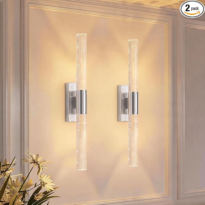 camuucci Battery Operated Wall Sconces Set of 2, Rechargeable Wall Lights | 12000mAh Long-Lasting Battery,Dimmable Cordless Sconce,No Wiring Needed for Bedroom,Living Room,Silver 20.9-Inch
