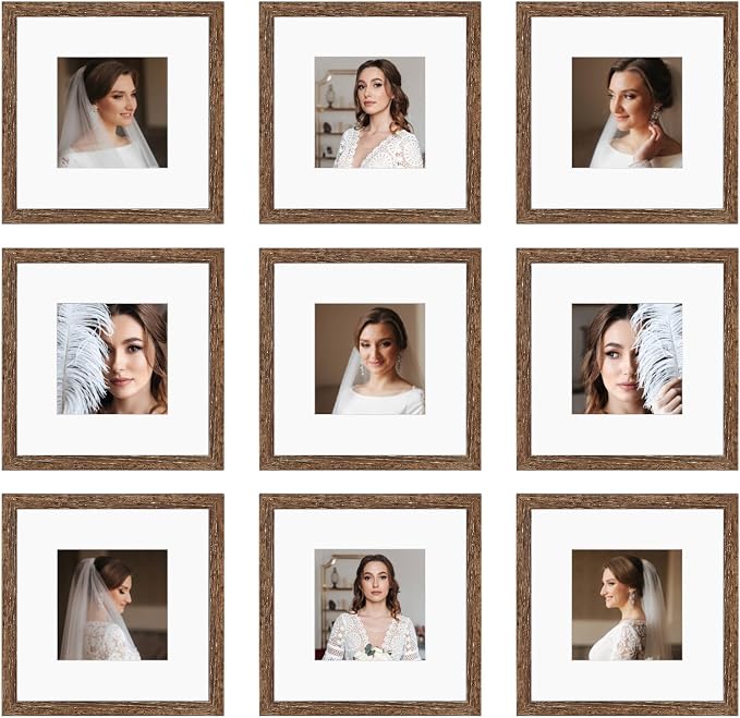 10x10 Picture Frame Set of 9, Display Pictures 8x8 with Mat or 10x10 without Mat, Multi Collage Gallery Square Photo Frames for Wall or Tabletop,Distressed Brown