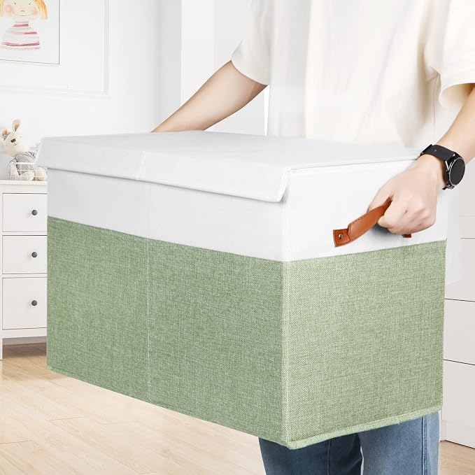 Large Toy Storage Box with Lid, Toy Chest Bin Boxes Basket with Dividers | Sturdy Toy Organizer Bin for Kids, Boys, Girls, Nursery, Living Room, Bedroom, Playroom 25"x13" x16" (Green and White)