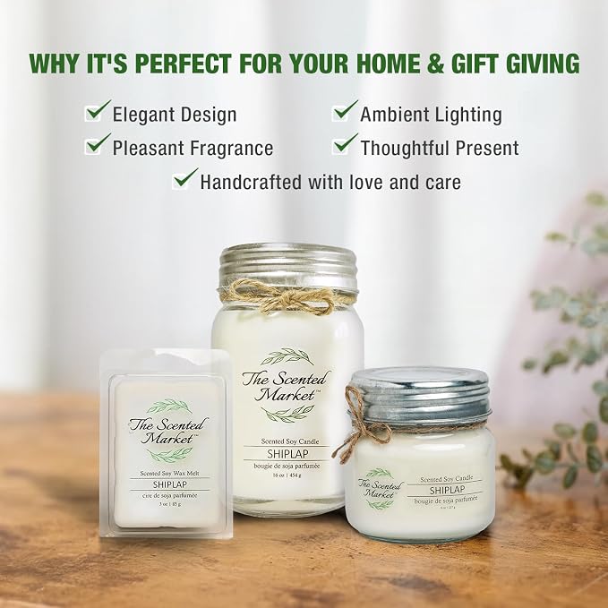 The Scented Market Aromatherapy Soy Wax Candle Shiplap 8 oz Mason Jar, Over 50 Hours of Burn Time, Ideal for Home Decor and Gifts