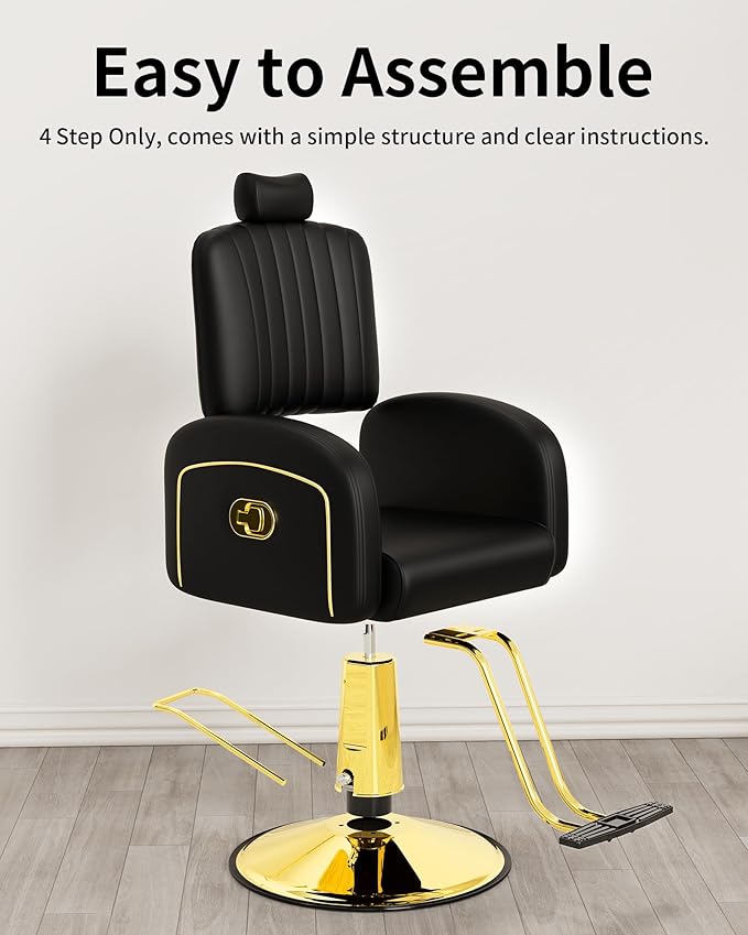Baasha Black & Gold Reclining Salon Chair with Removable Headrest, Memory Foam Cushion, Heavy-Duty Hydraulic Barber Chair, Soft PU Leather, 440 lbs Capacity, for Haircut & Styling