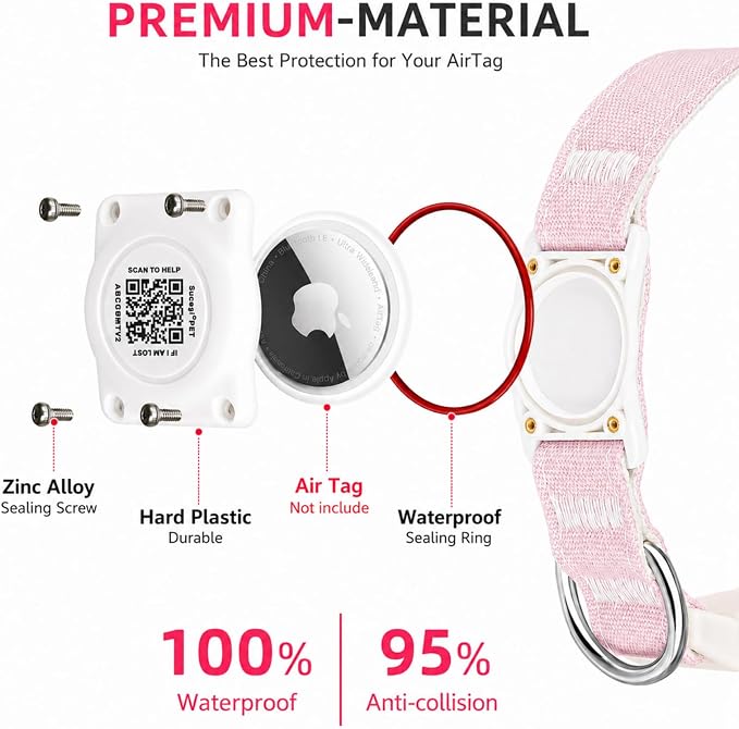 AirTag Dog Collar with QR Code ID, Dog Collar with Air Tag Holder, Pink, L