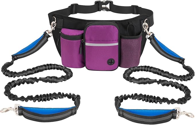 Dog Treat Pouch for Training – Hands-Free Waist Belt with Built-in Poop Bag Dispenser, Water Bottle Holder & Phone Pocket, Includes Reflective Bungee Leash (Purple)