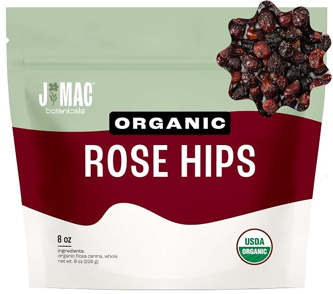J MAC BOTANICALS Organic Rose Hips (8 oz Bag) Whole, natural dried rose hips for herbal tea, rosehips, rosehip tea, packaged in the USA