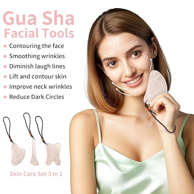 Lusomch Skin Care Set, 1 Pack 3 in 1 Jade Gua Sha Massager, Pink,Guasha Tool for Face and Body, Truly Beauty Products